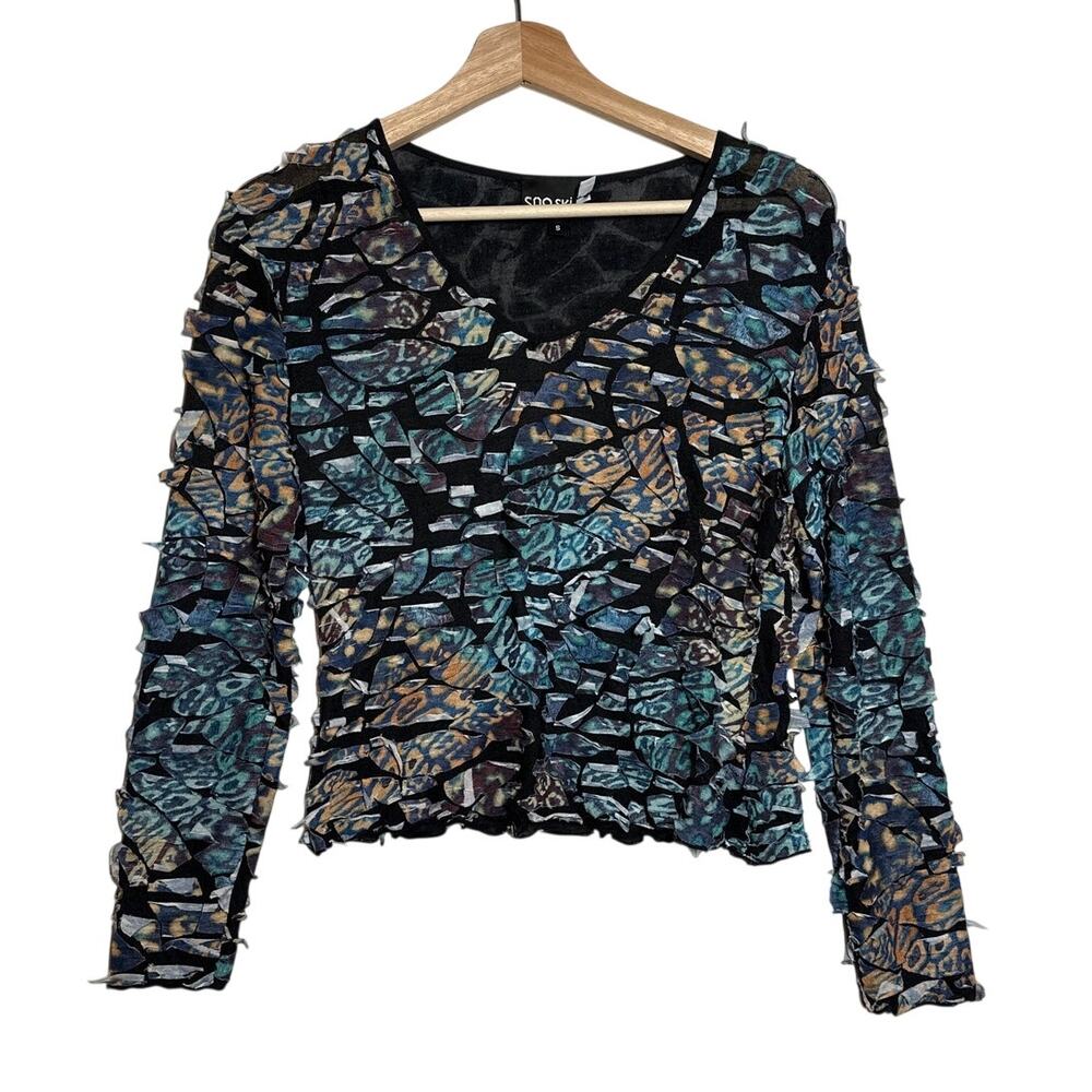 Sno Skins Vintage Mesh Crinkle Mosaic Top Long Sleeve Art-To-Wear Sz S Vintage